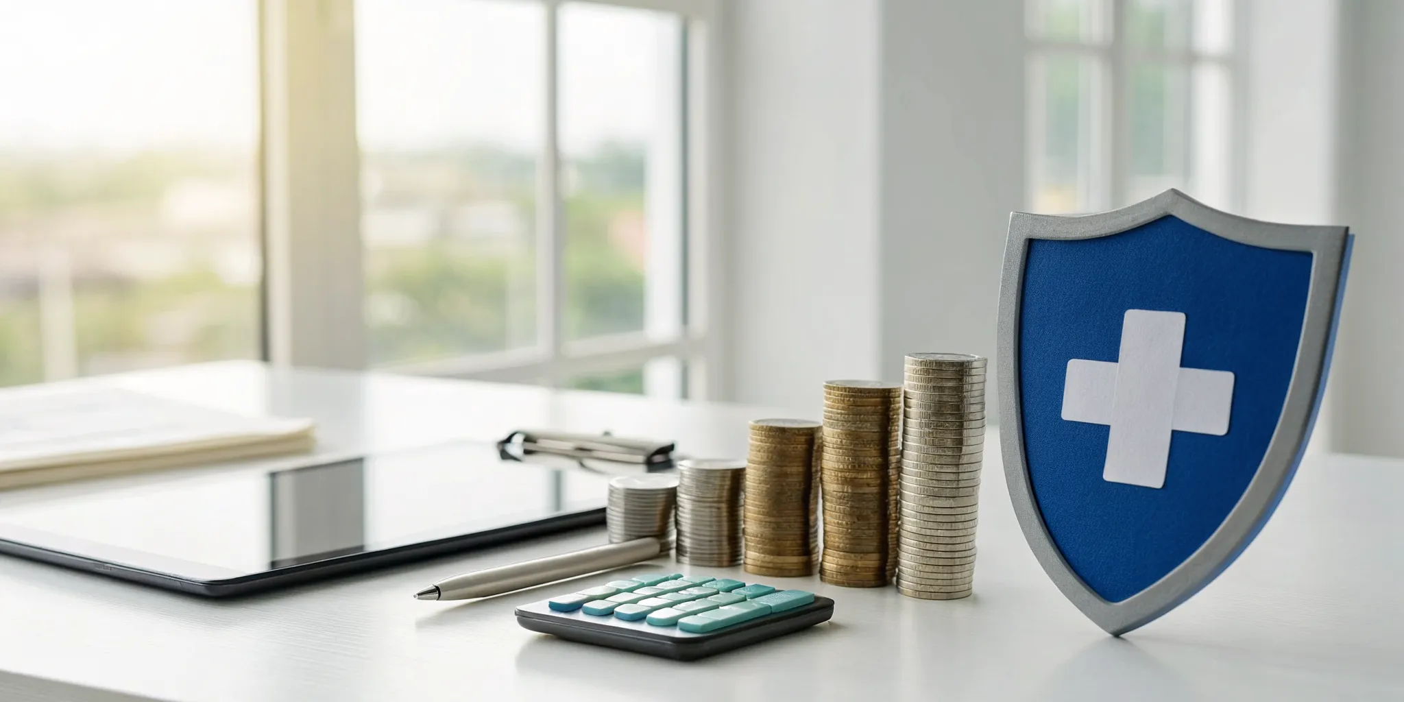 Calculating the cost of Medicare Supplement Plan G with coins and a medical shield.