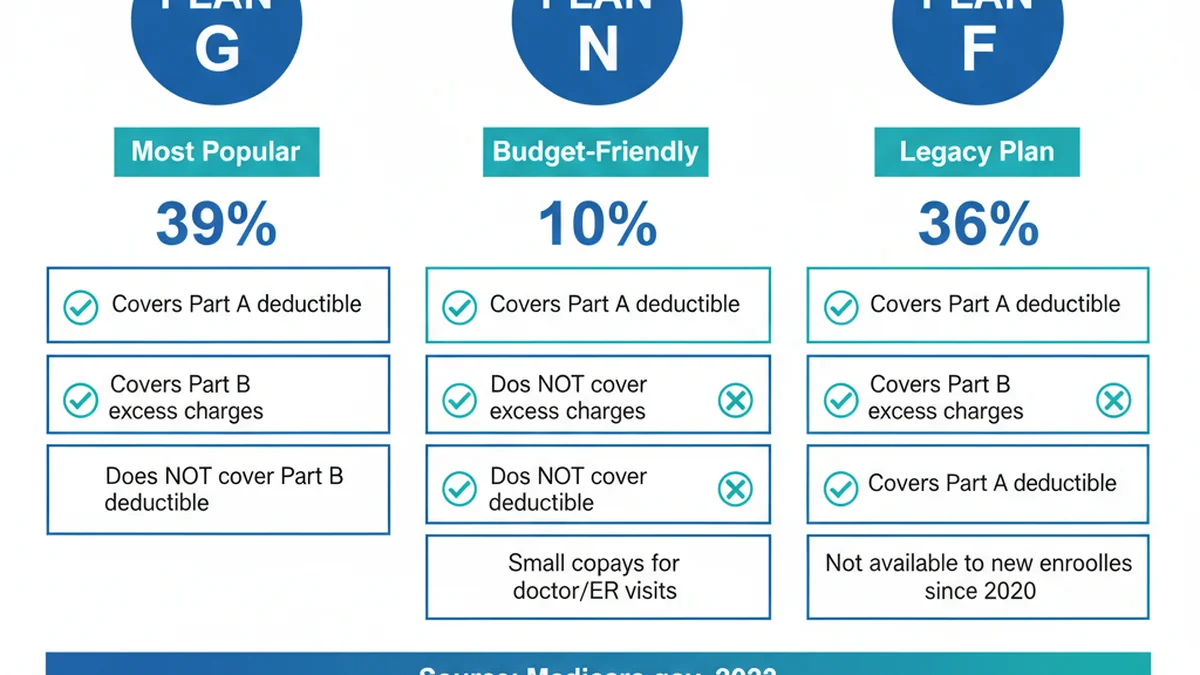 Comparison infographic showing Medicare Supplement Plan G, Plan N, and Plan F side by side with key differences