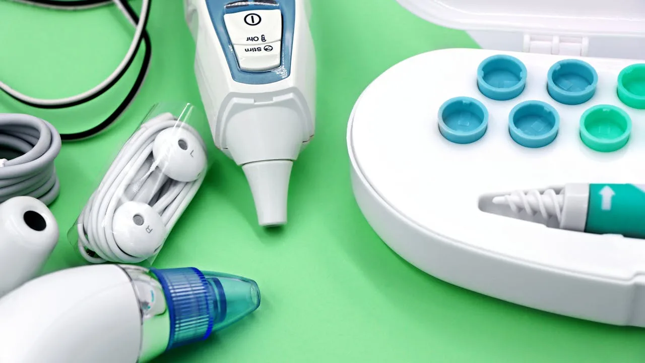 Various modern hearing aid devices and ear care tools displayed on a clean surface