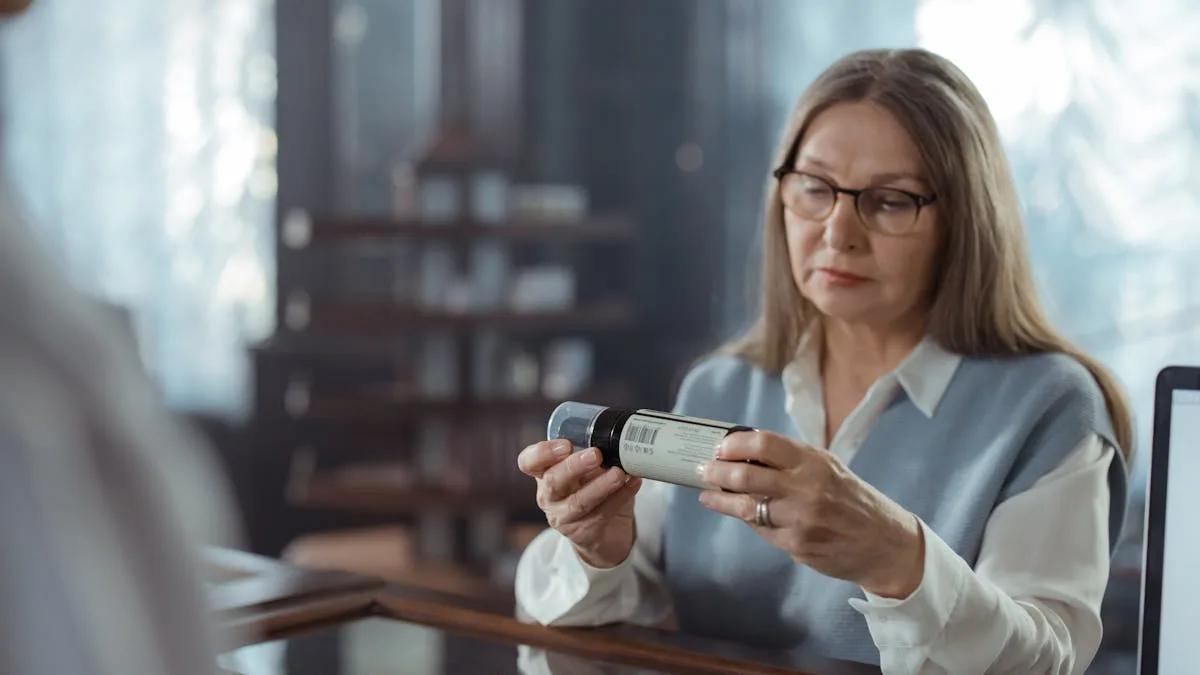 Senior woman reviewing prescription medication at a pharmacy counter
