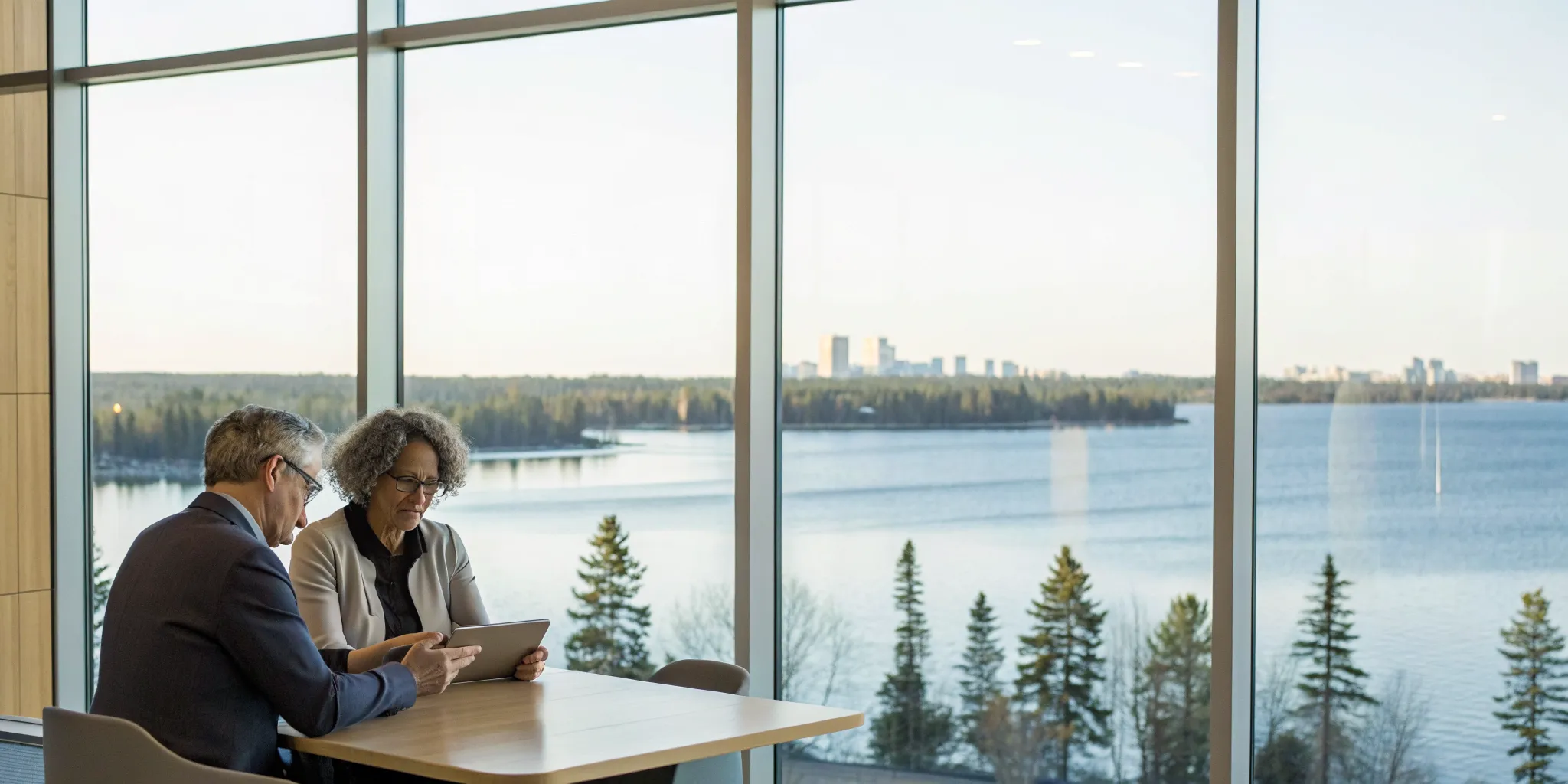 Two people review Minnesota Medicare Advantage plan options by a lake.