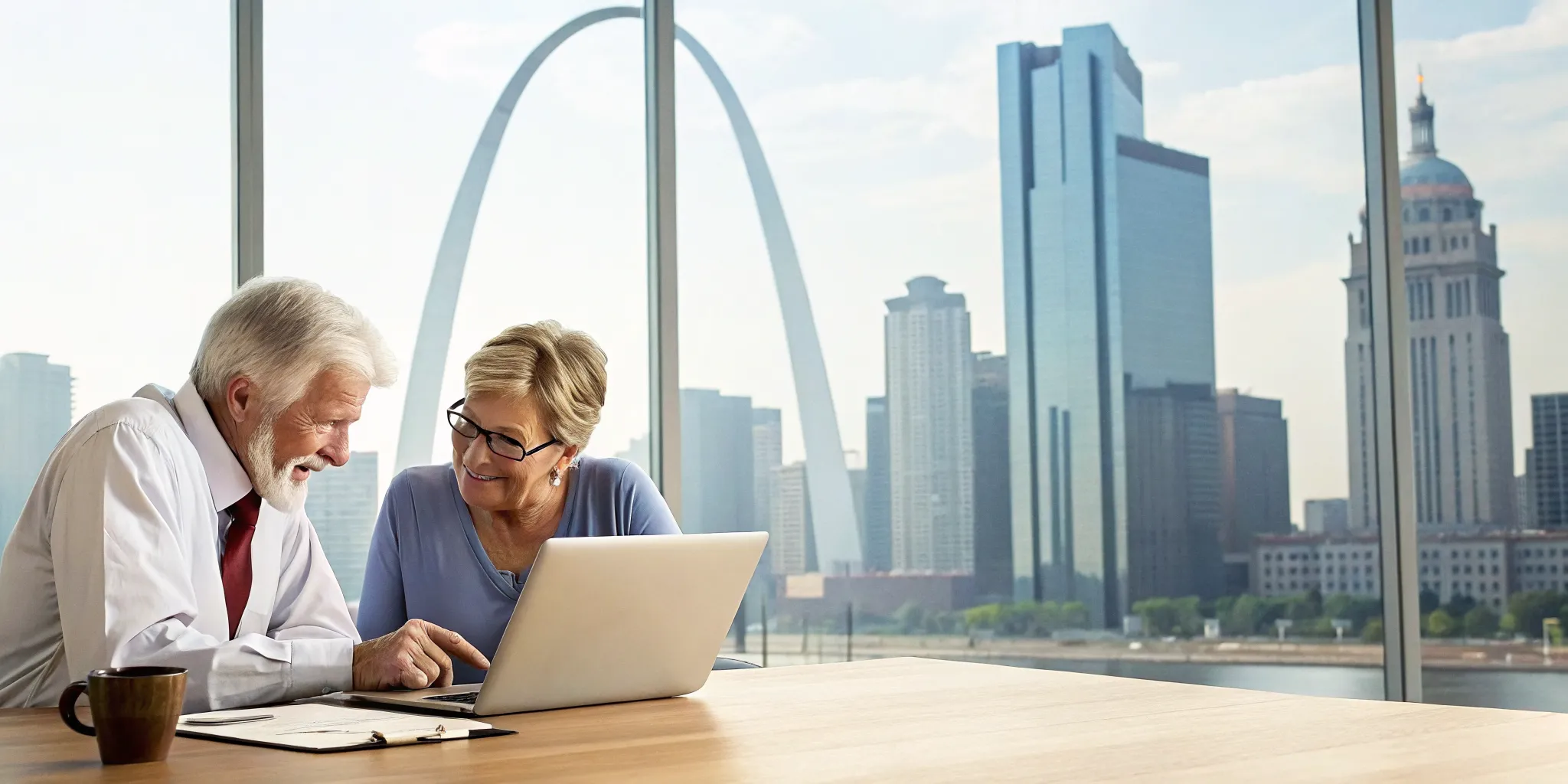 Senior couple in Missouri comparing Medigap plans on a laptop.