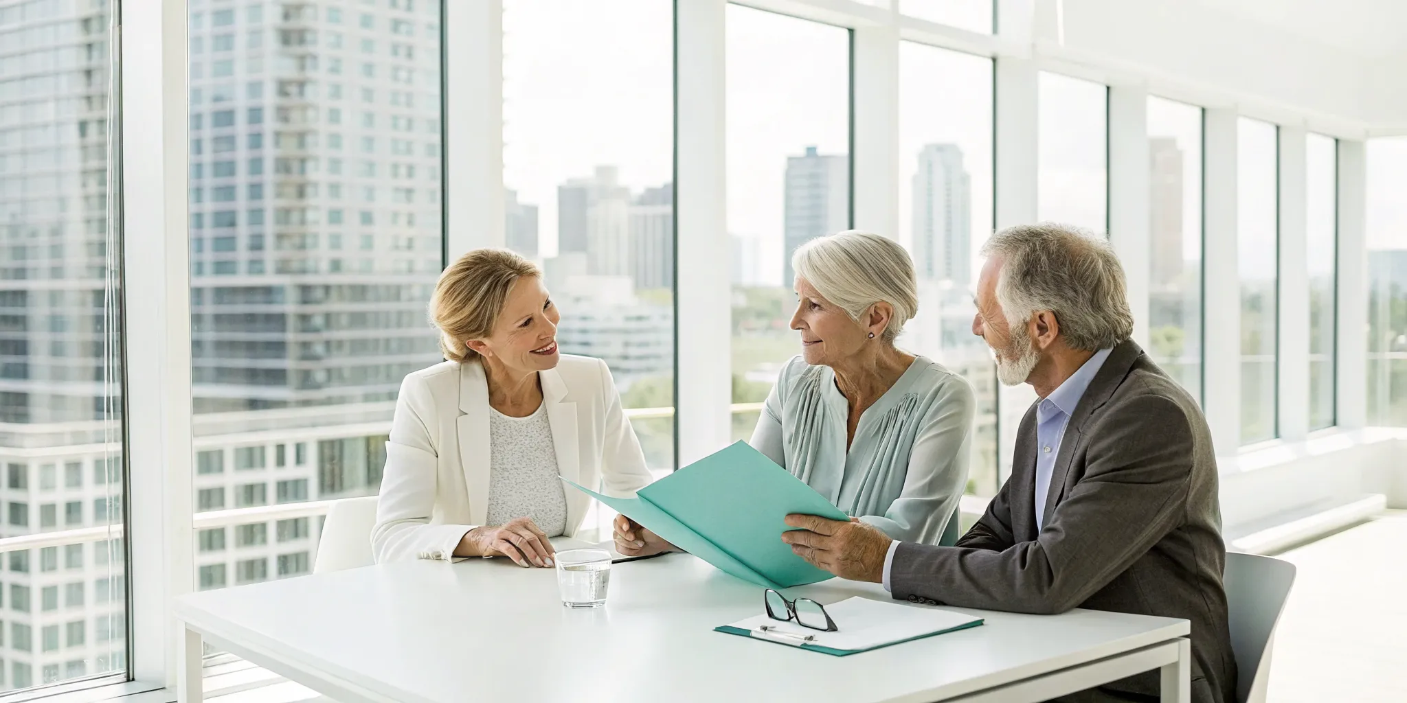 An advisor explains long-term care insurance vs Medicare options to a senior couple.