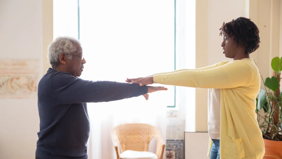 Senior woman doing physical therapy exercises with a therapist in a rehabilitation clinic