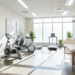 Physical therapy clinic with rehabilitation equipment in a bright medical setting