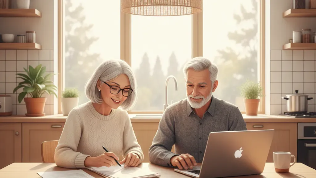 Senior couple reviewing Medicare plan options at their kitchen table