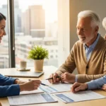A senior couple meeting with a Medicare insurance broker to review plan options in a professional office