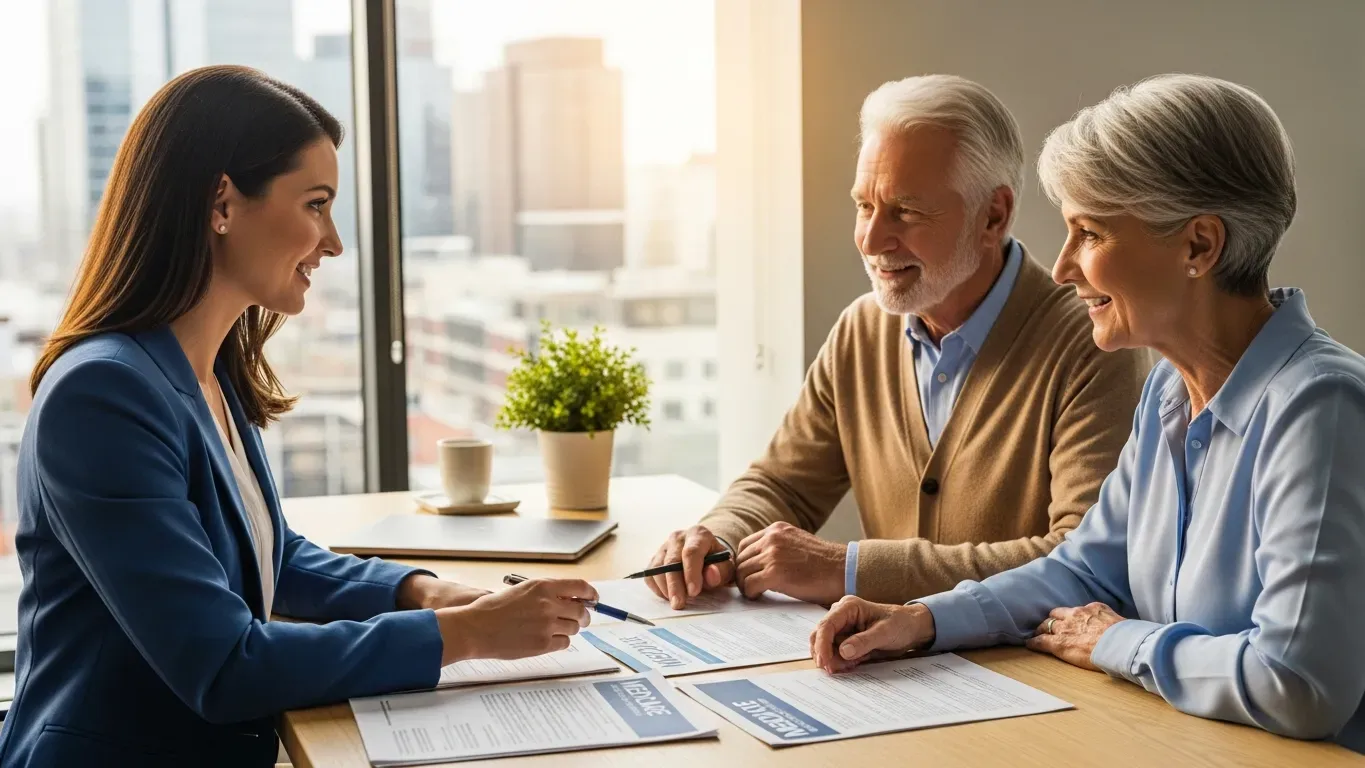 A senior couple meeting with a Medicare insurance broker to review plan options in a professional office