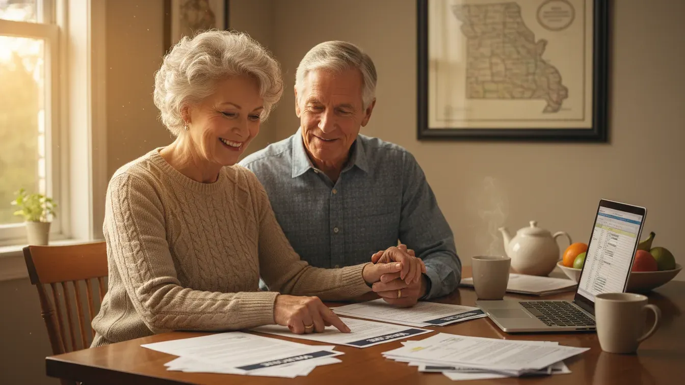 Senior couple in Missouri reviewing Medigap plans for 2026 with a Medicare insurance broker