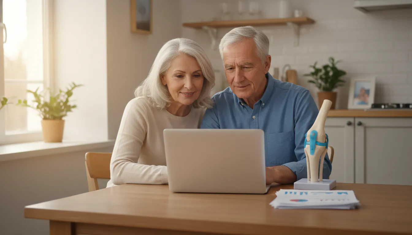 Older adults reviewing Medicare knee replacement coverage at home