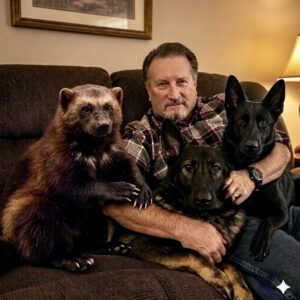 Dave sitting on a sofa with his dogs and a virtual like-like badger.