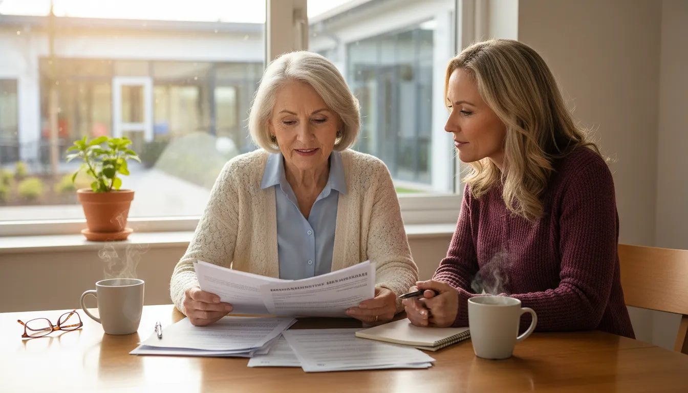 Family reviewing Medicare skilled nursing facility coverage paperwork