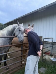 Karl going head to head with a gray horse.
