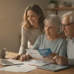 Adult child helping elderly parents review Medicare plan documents at a kitchen table