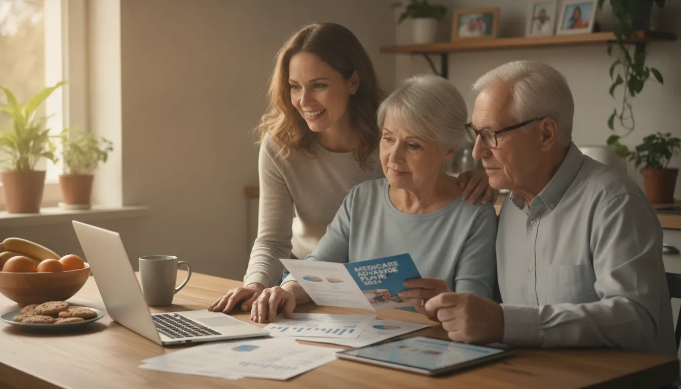 Adult child helping elderly parents review Medicare plan documents at a kitchen table