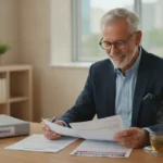 Senior professional reviewing Medicare paperwork at a desk