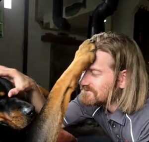KC the man and Elwood the dog looking at each other.
