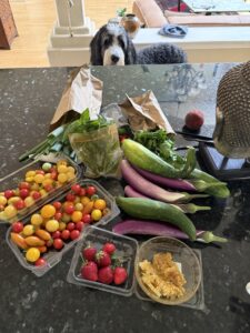 Plato looking up at the counter full of colorful vegetables.