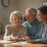Senior couple reviewing Medicare coverage options with a friendly advisor in a bright home office
