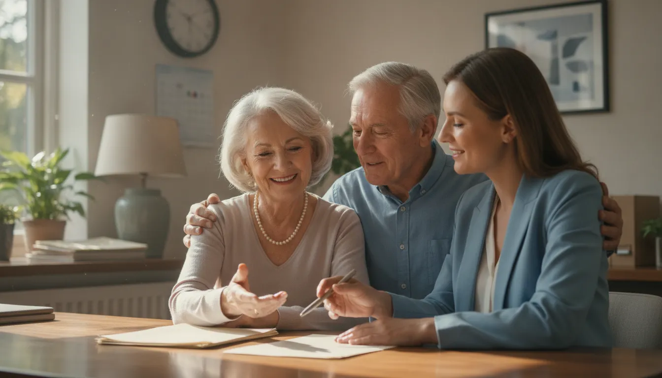 Senior couple reviewing Medicare coverage options with a friendly advisor in a bright home office