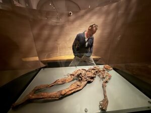 Karl looking down at a skeleton in a museum.