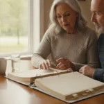 A couple reviewing Medicare plan papers at a table in their Arkansas home