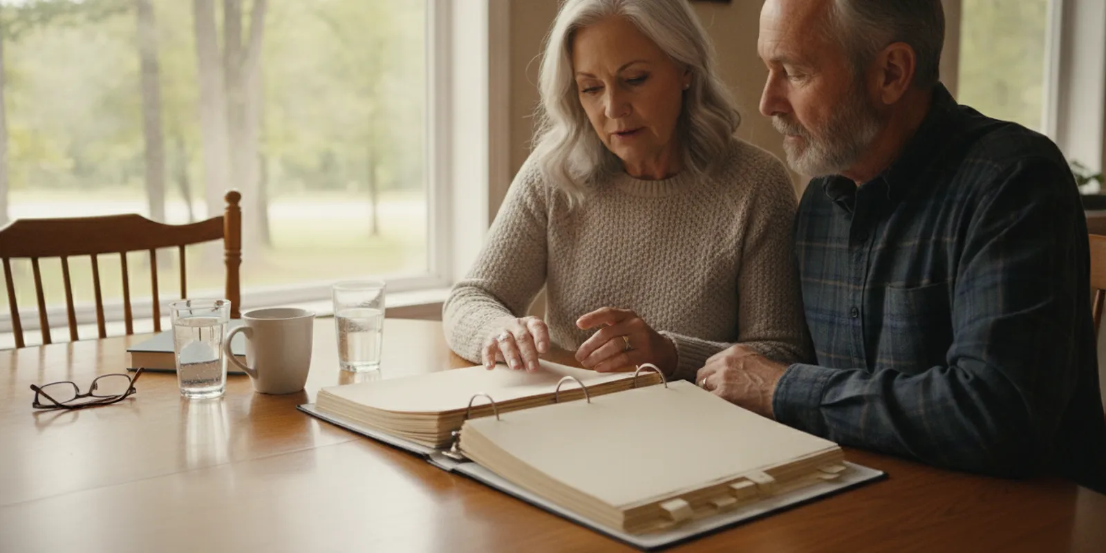 A couple reviewing Medicare plan papers at a table in their Arkansas home