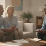 Senior couple discussing affordable life insurance rates with an advisor