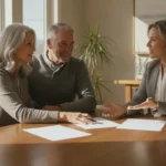 An older Colorado couple discussing health coverage with a Colorado health insurance broker at a table