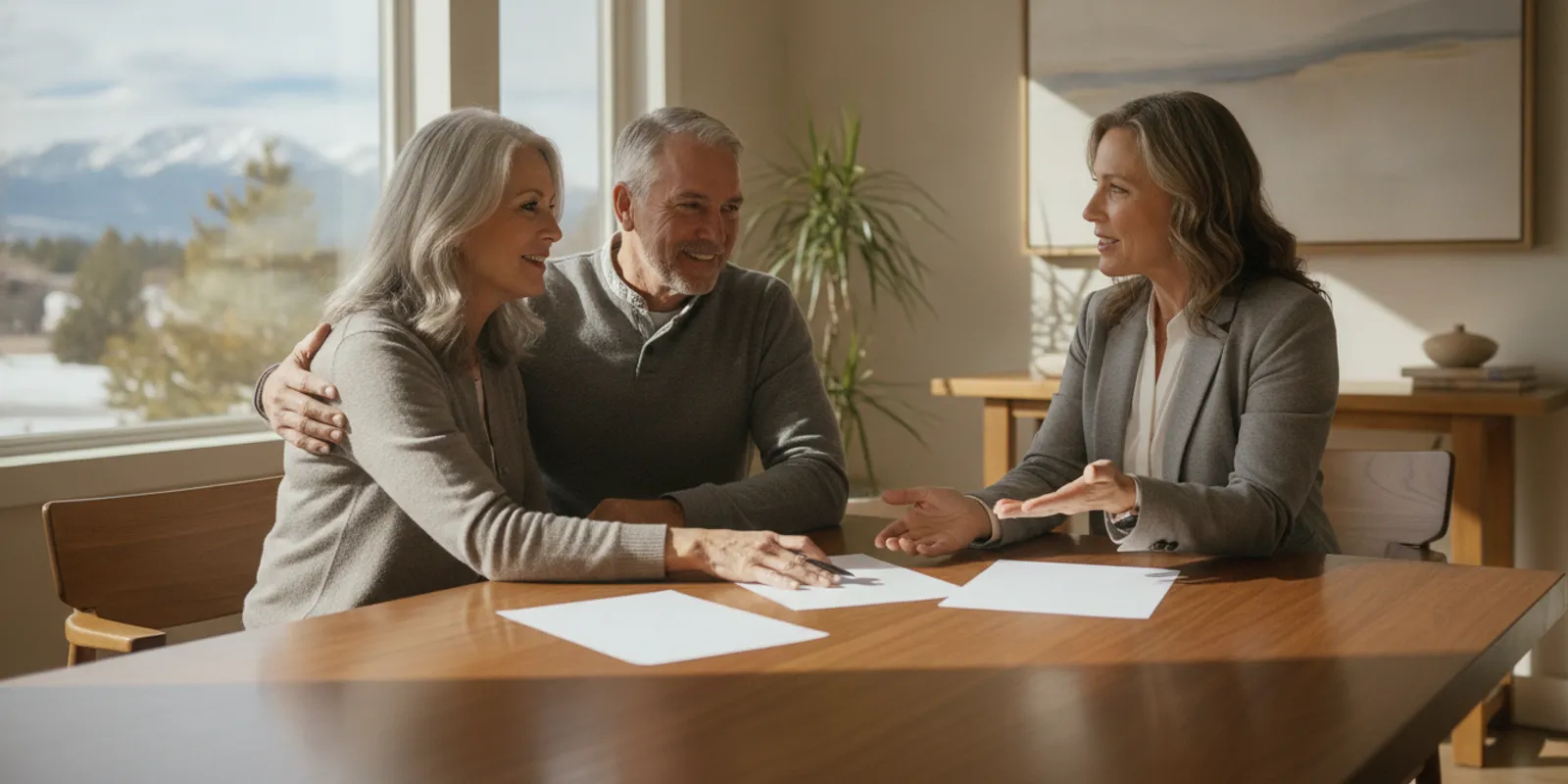 An older Colorado couple discussing health coverage with a Colorado health insurance broker at a table