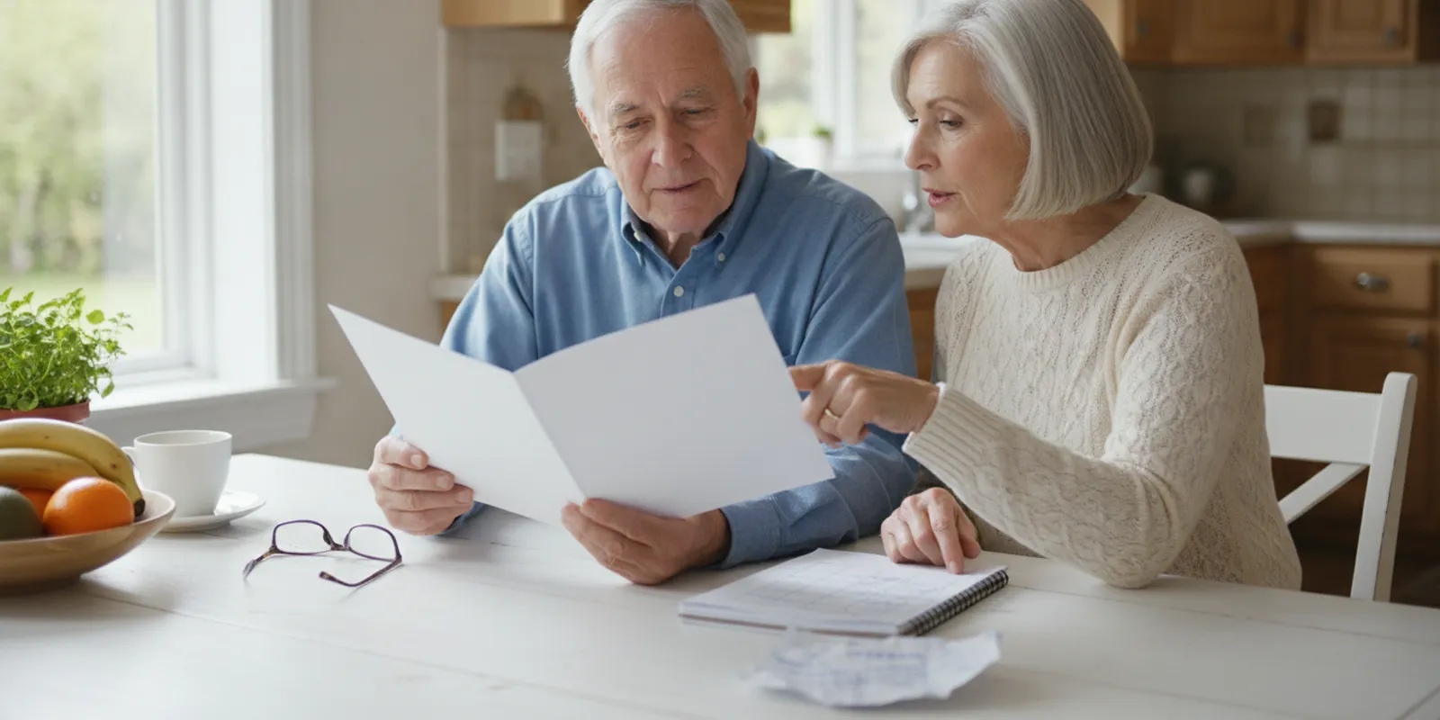 Older Connecticut couple reviewing a Medicare plan brochure and prescription list at home
