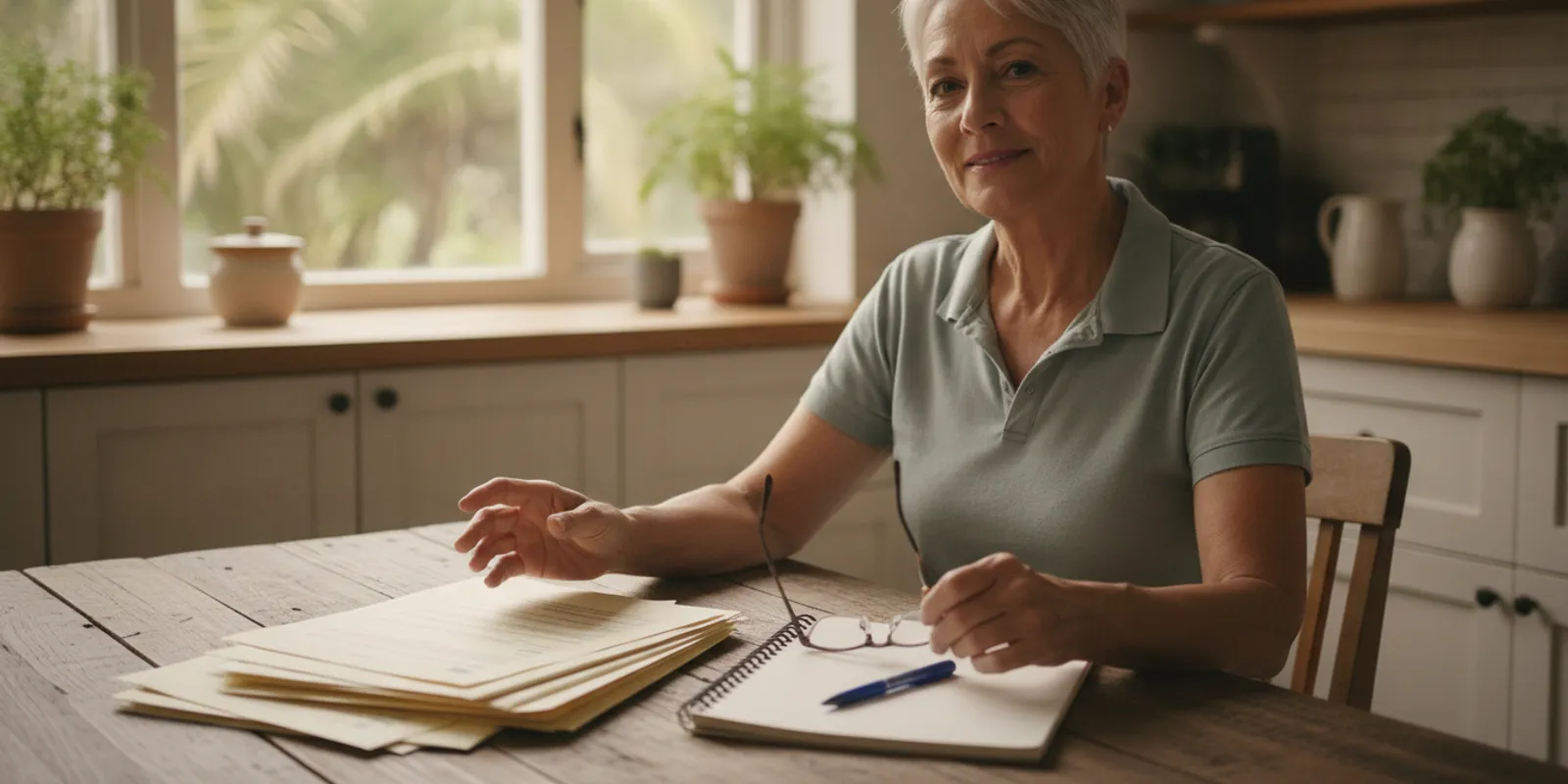 A Florida retiree reviewing Medicare Supplement plan documents at a bright home table