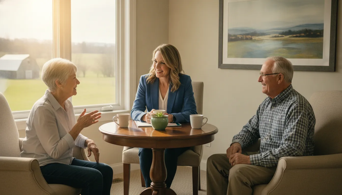 Older Ohio couple speaking with a Medicare advisor in a welcoming office