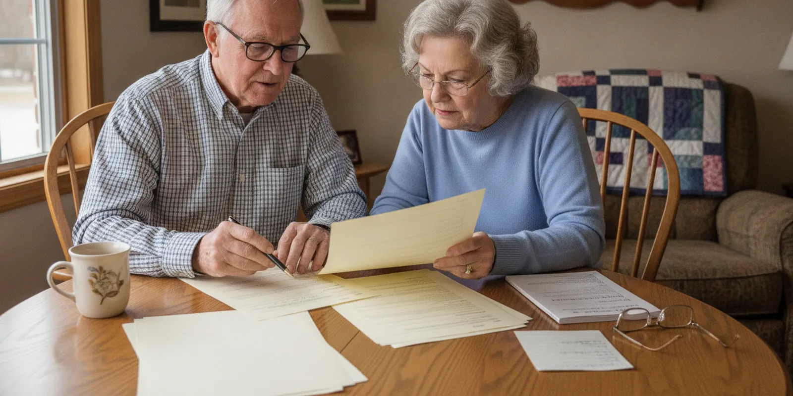 Iowa couple reviewing Medicare Advantage plan documents at a table