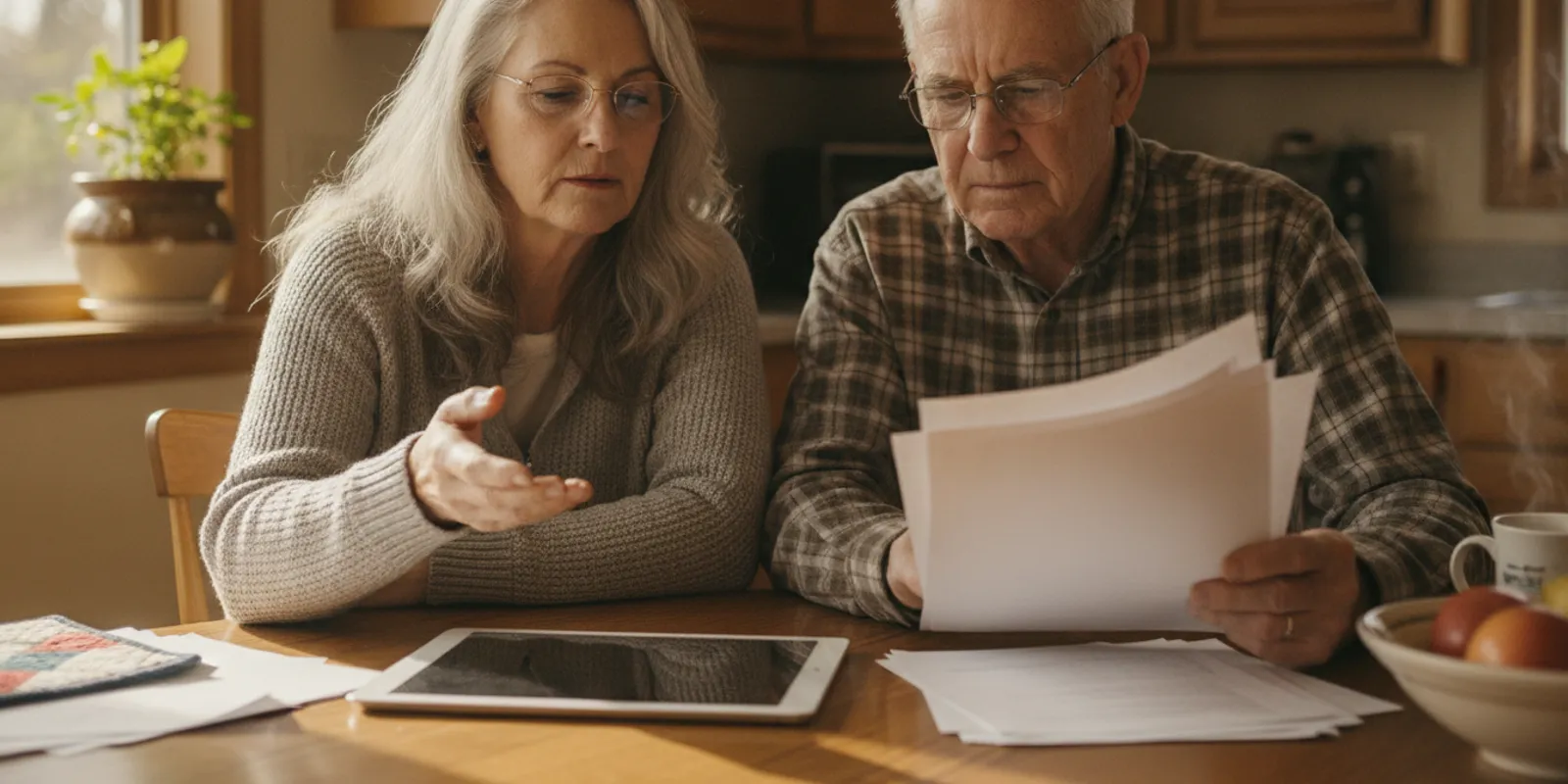 Older Kansas couple reviewing Medicare plan documents at a kitchen table