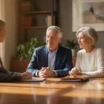 Senior couple reviewing online whole life insurance quotes with an advisor
