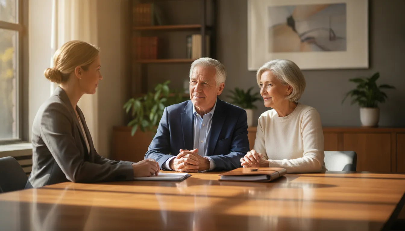 Senior couple reviewing online whole life insurance quotes with an advisor
