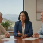 California couple discussing Medicare Advantage choices with an insurance advisor