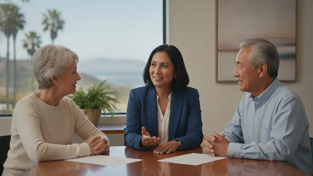 California couple discussing Medicare Advantage choices with an insurance advisor